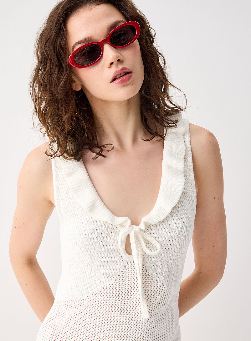 Twik Ivory/Cream Beige Ruffled-trim crochet dress for women