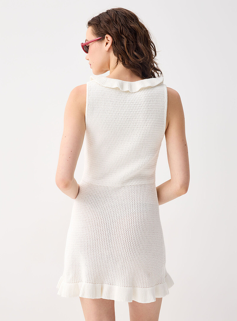 Twik Ivory/Cream Beige Ruffled-trim crochet dress for women