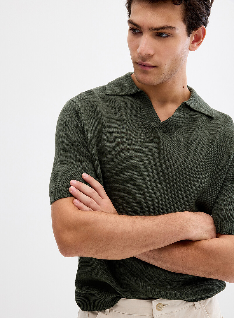 Le 31 Green 100% linen knit Johnny collar polo for men