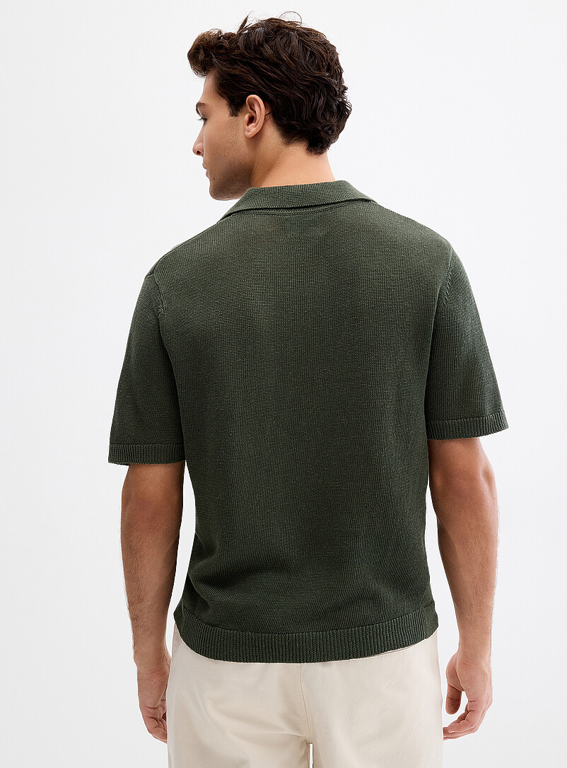 Le 31 Green 100% linen knit Johnny collar polo for men