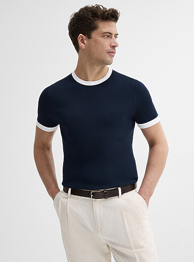 Le 31 Patterned Blue Trimmed ribbed sweater for men