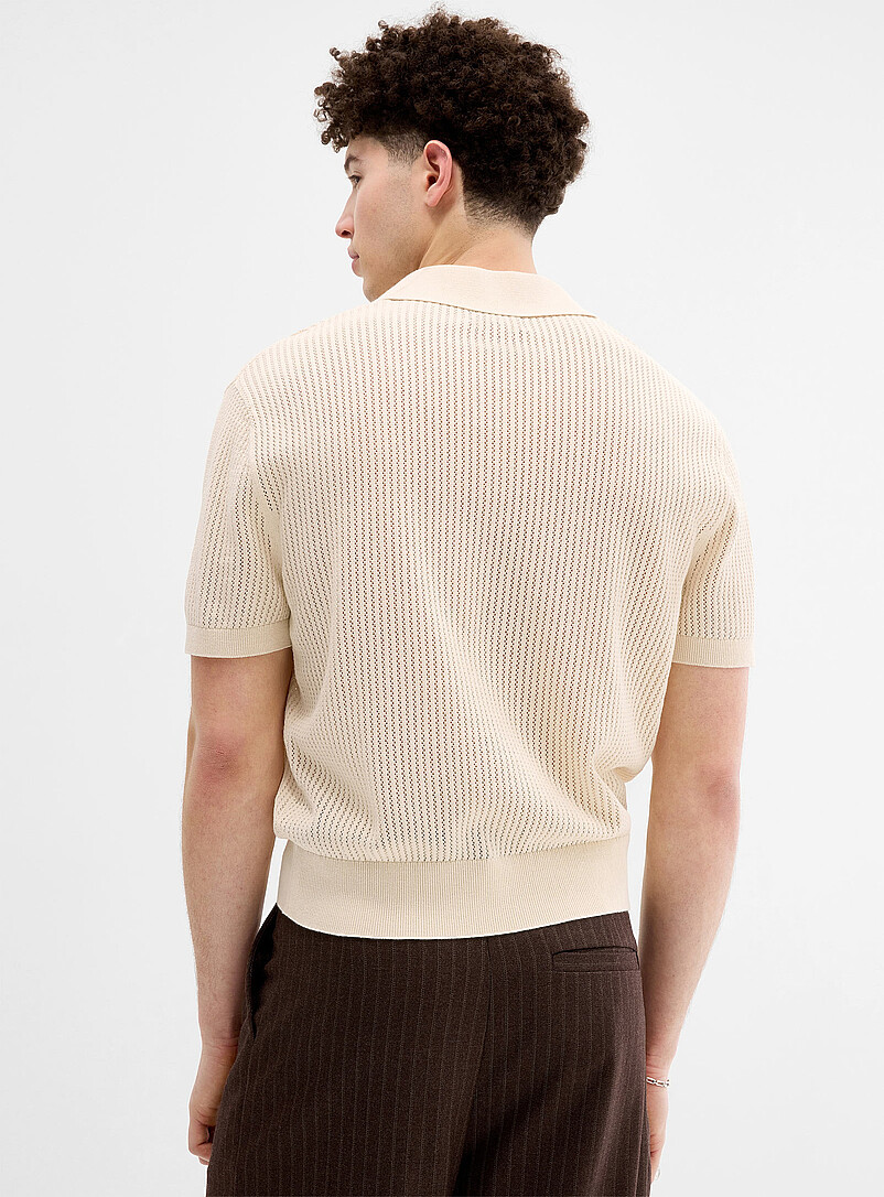 Djab Ivory/Cream Beige Pointelle-ribbed Johnny-collar polo for men