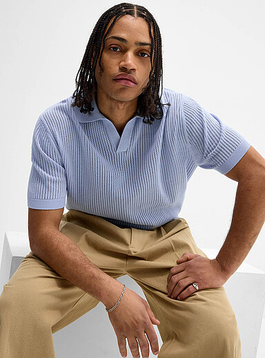 Pointelle stripe Johnny-collar polo