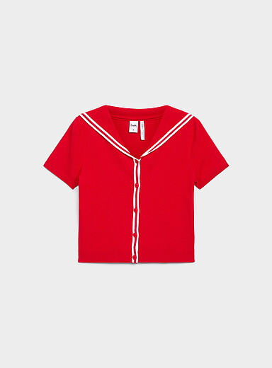 Twik: Le cardigan col marin rayures accent Rouge pour femme