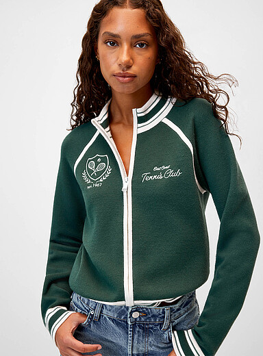 Twik: Le cardigan zipp&eacute; <i>track</i> &eacute;cussons Vert &agrave; motifs pour femme