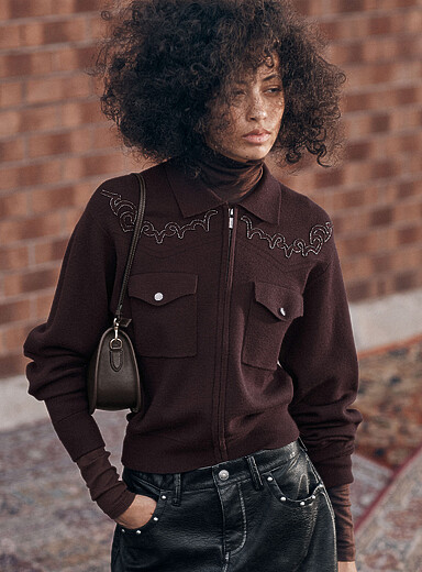 Ic&ocirc;ne: La cardigan zipp&eacute; ornements western Chocolat - Espresso pour femme