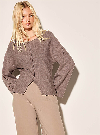 Ic&ocirc;ne Taupe Thick-knit wide-sleeve fitted cardigan for women
