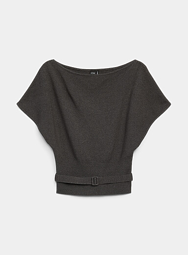 Belted fitted-waist cap-sleeve sweater
