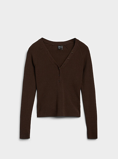 Buttoned V-neck rib-knit sweater