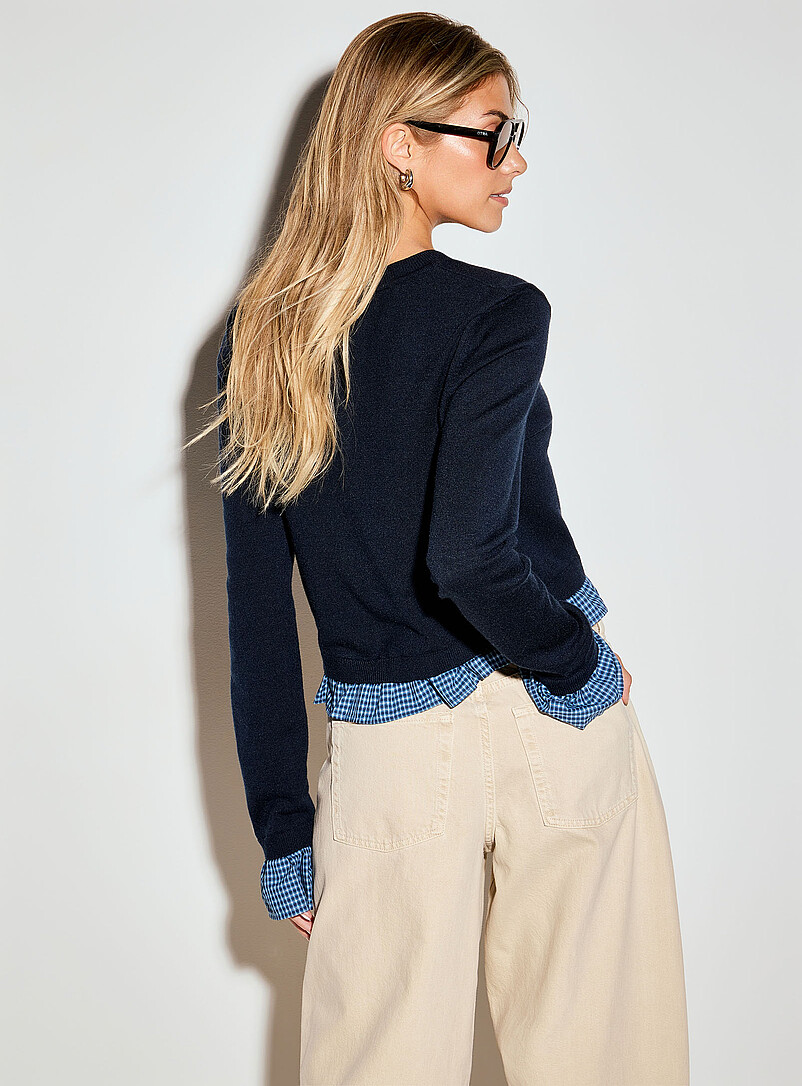 Ic&ocirc;ne Navy/Midnight Blue Overlaid shirt effect cropped cardigan for women