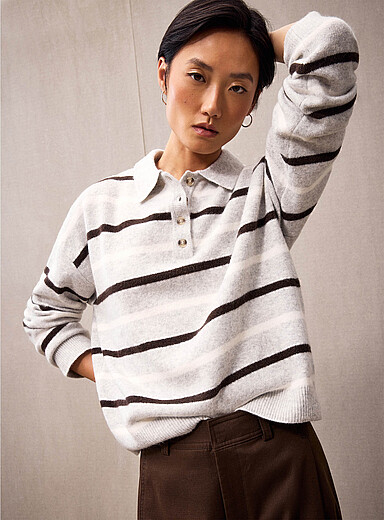 Contemporaine Light Grey Striped plush knit boxy-fit polo shirt for women