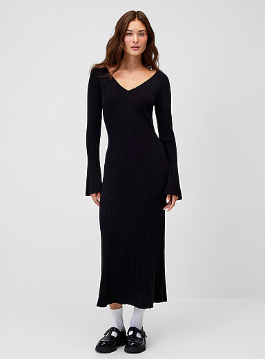 Twik Black Rib-knit V-neck dress for women