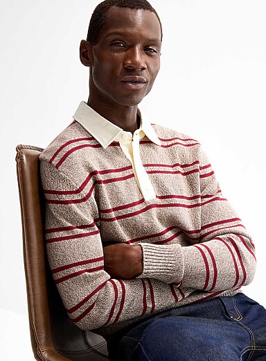 Le 31: Le polo rugby tricot ray&eacute; Brun &agrave; motifs pour homme