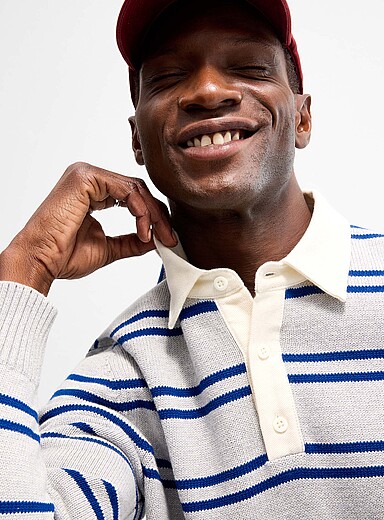 Le 31: Le polo rugby tricot ray&eacute; Gris &agrave; motifs pour homme