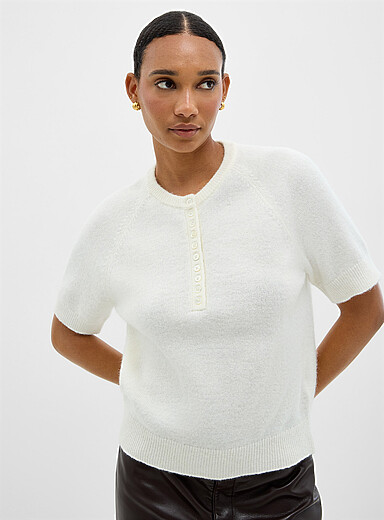 Henley collar plush knit boxy-fit sweater