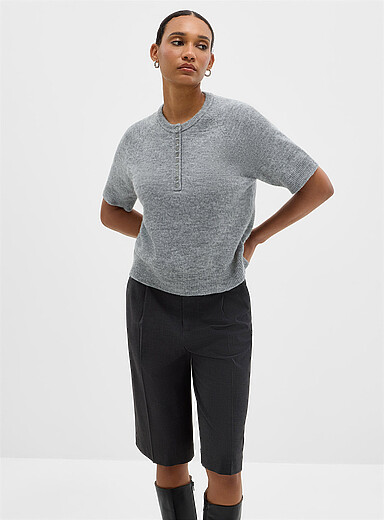 Contemporaine Grey Henley collar plush knit boxy-fit sweater for women