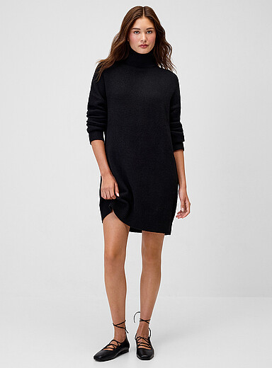 Twik Black Turtleneck plush knit dress for women