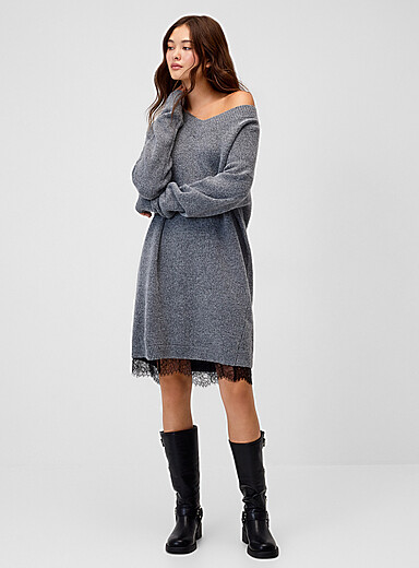 Twik: La robe tricot moelleux accent dentelle Charbon pour femme