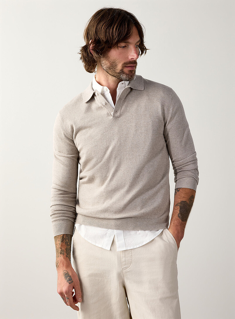 Le 31 Ecru/Linen Modal knit polo for men