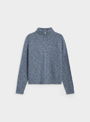 Loose speckled knit zipped mock-neck sweater