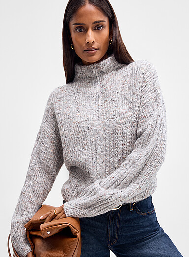 Contemporaine Light Grey Loose speckled knit zipped mock-neck sweater for women