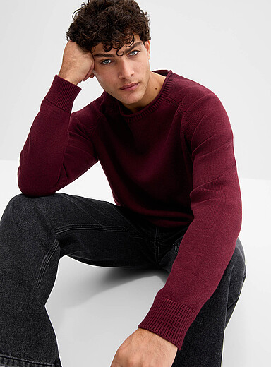 Le 31 Burgundy Rolled crew-neck sweater for men