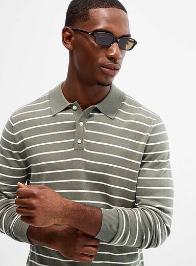 Le 31 Patterned Green Nautical stripe knit polo for men