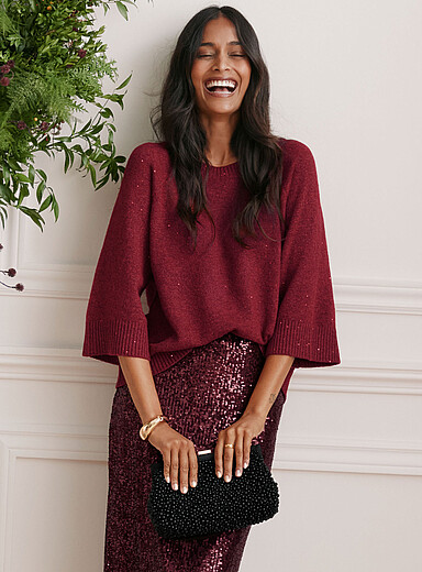 Contemporaine Red Sequined knit 3/4-sleeve sweater for women