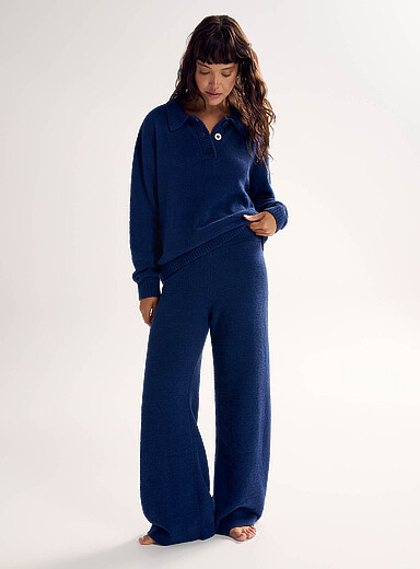Miiyu x Twik: Le pantalon d&eacute;tente taille haute douce bouclette  <b>Collection de No&euml;l</b> Bleu marine - Bleu nuit pour femme