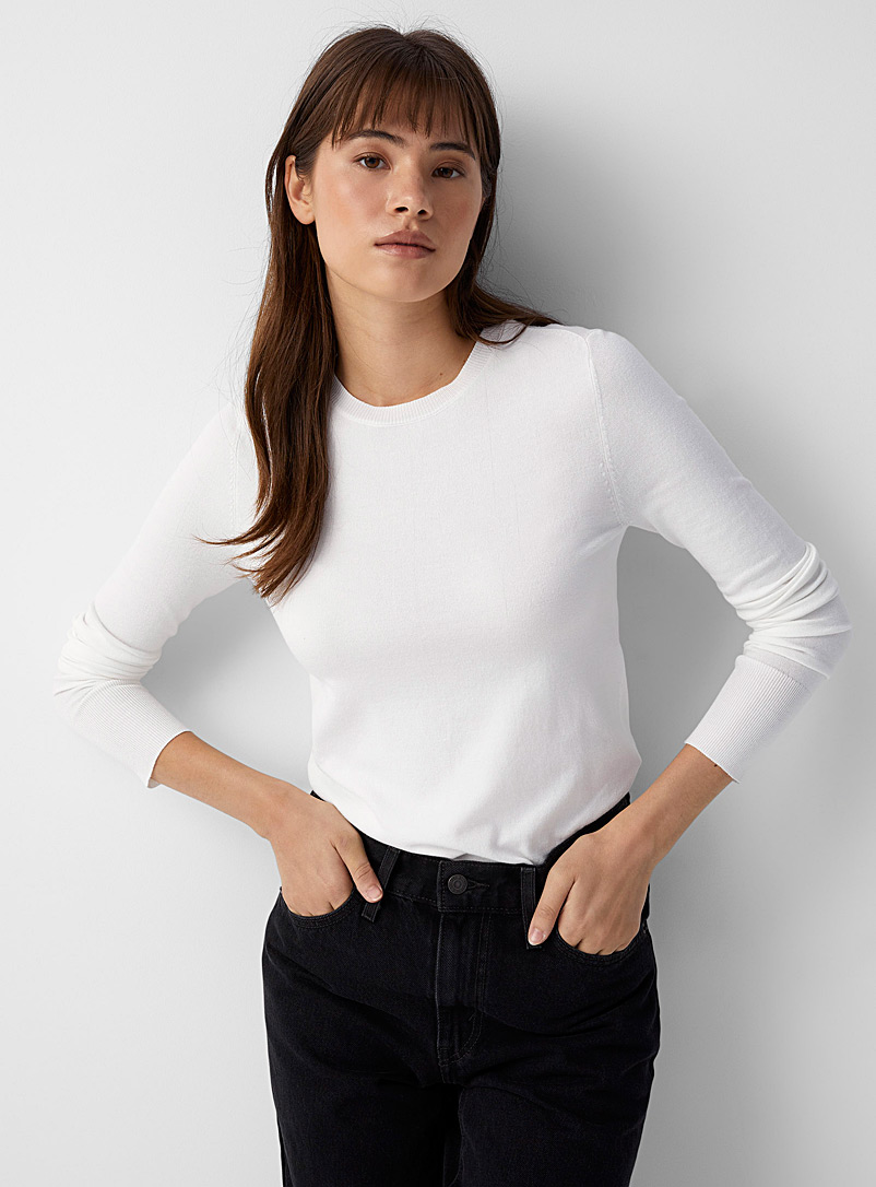 Twik Ivory White Solid crew-neck sweater for women