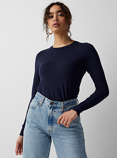 Twik: Le pull col rond uni Bleu marine - Bleu nuit pour femme