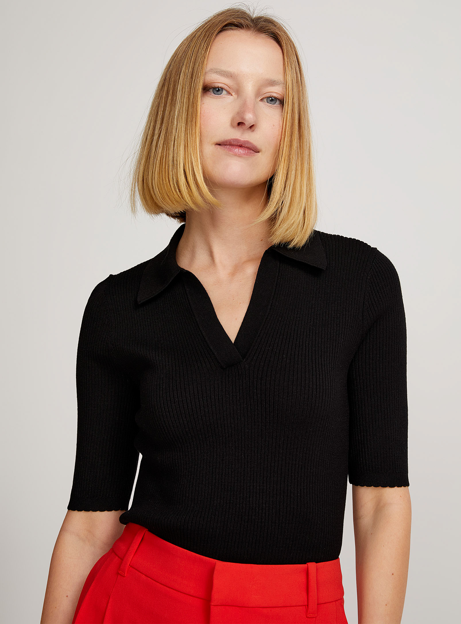 Contemporaine Fitted Johnny Collar Sweater In Black