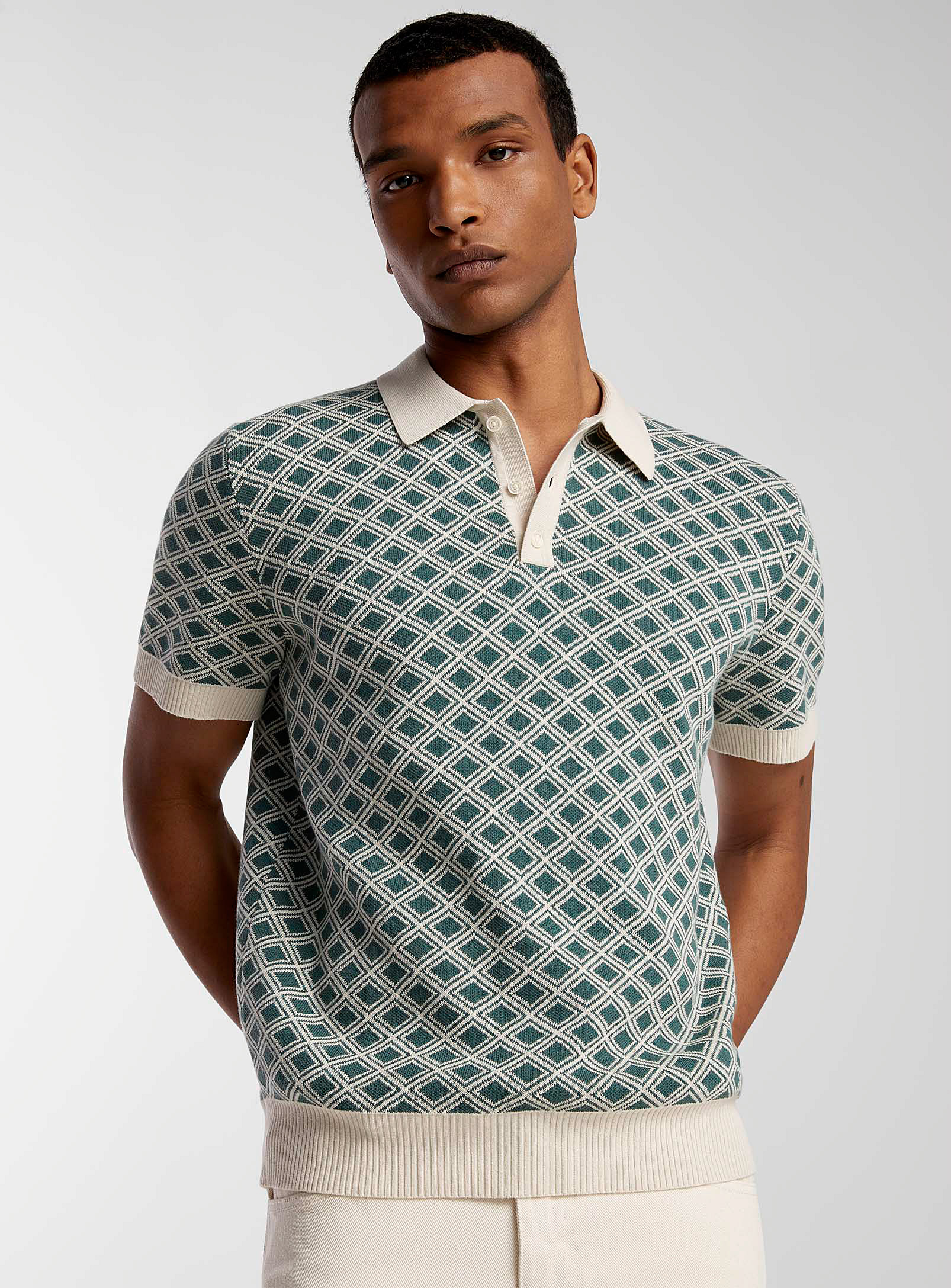 Le 31 Retro Jacquard Polo In Patterned Green