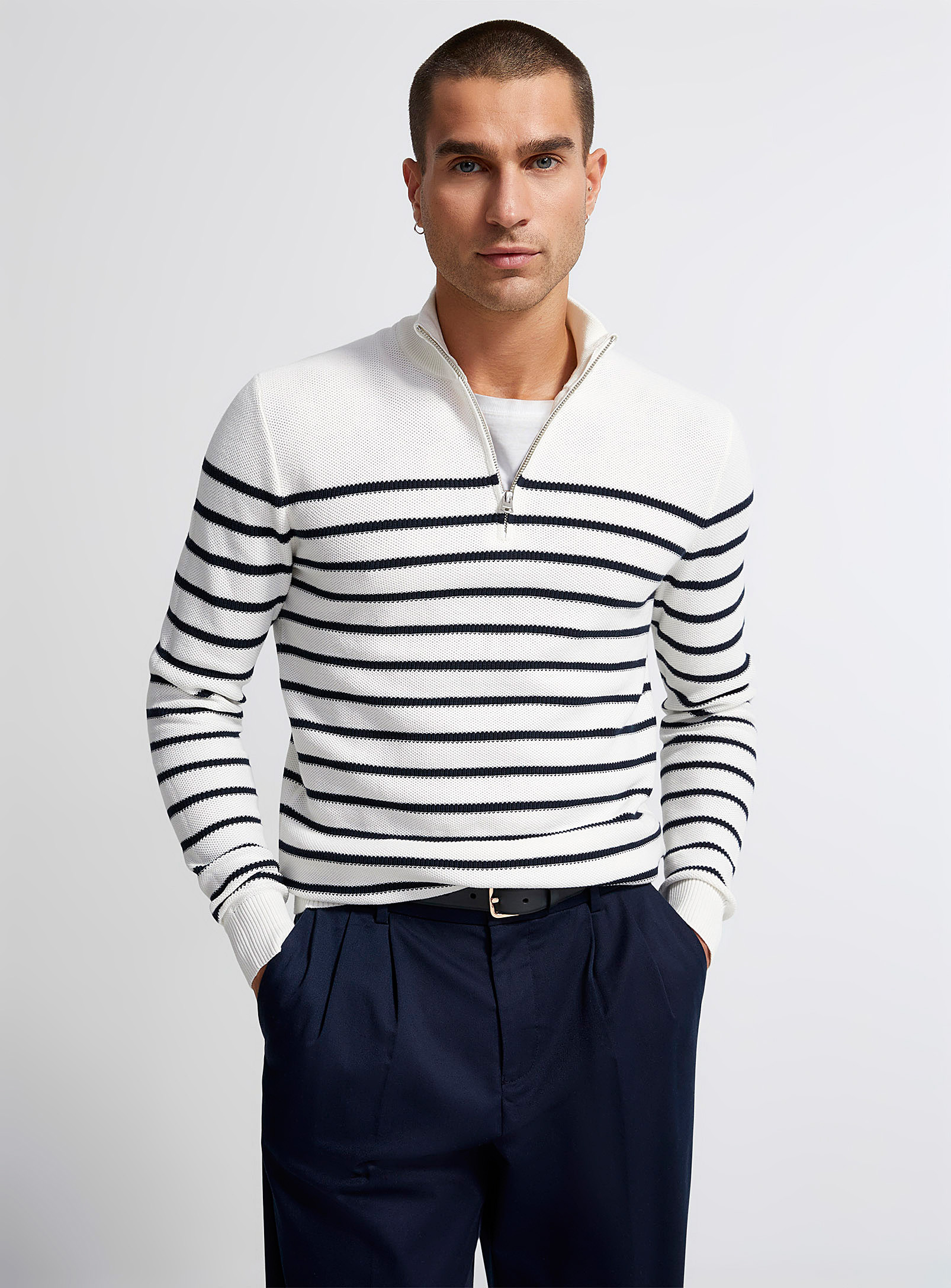 Le 31 Zip-neck Nautical Sweater In Patterned White