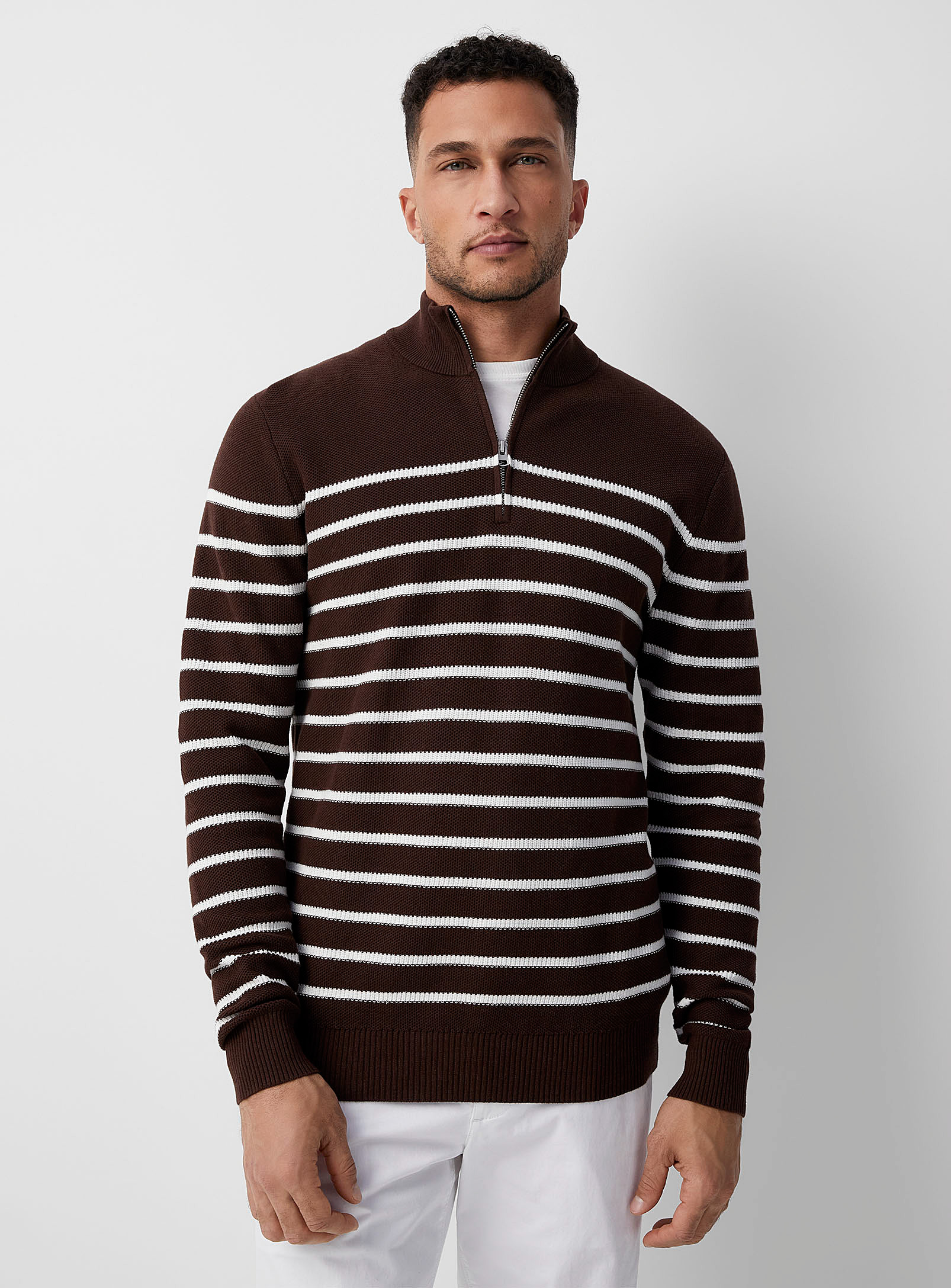 Le 31 Zip-neck Nautical Sweater In Patterned Brown
