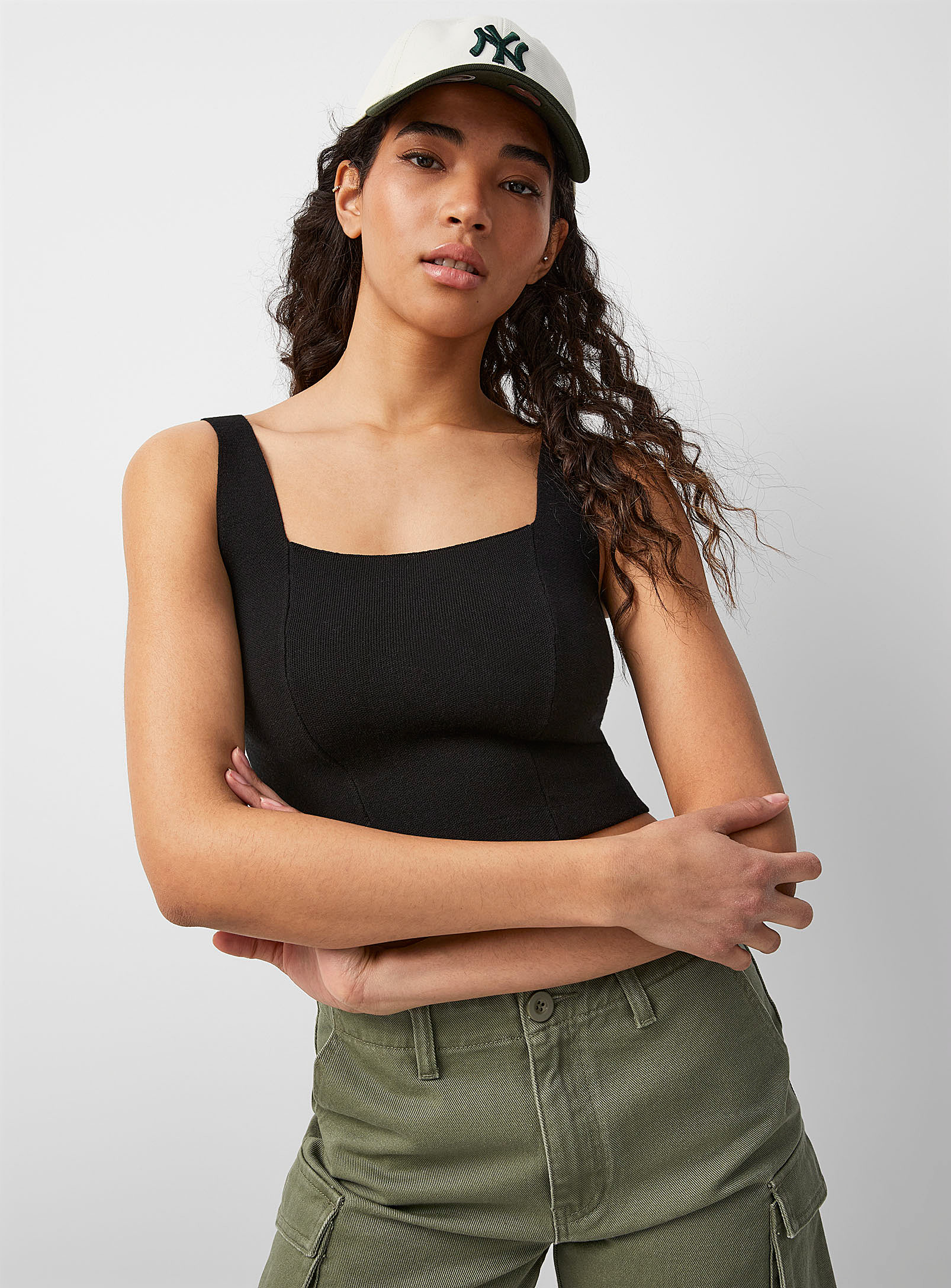 Twik Square-neck Cropped Knit Cami In Black