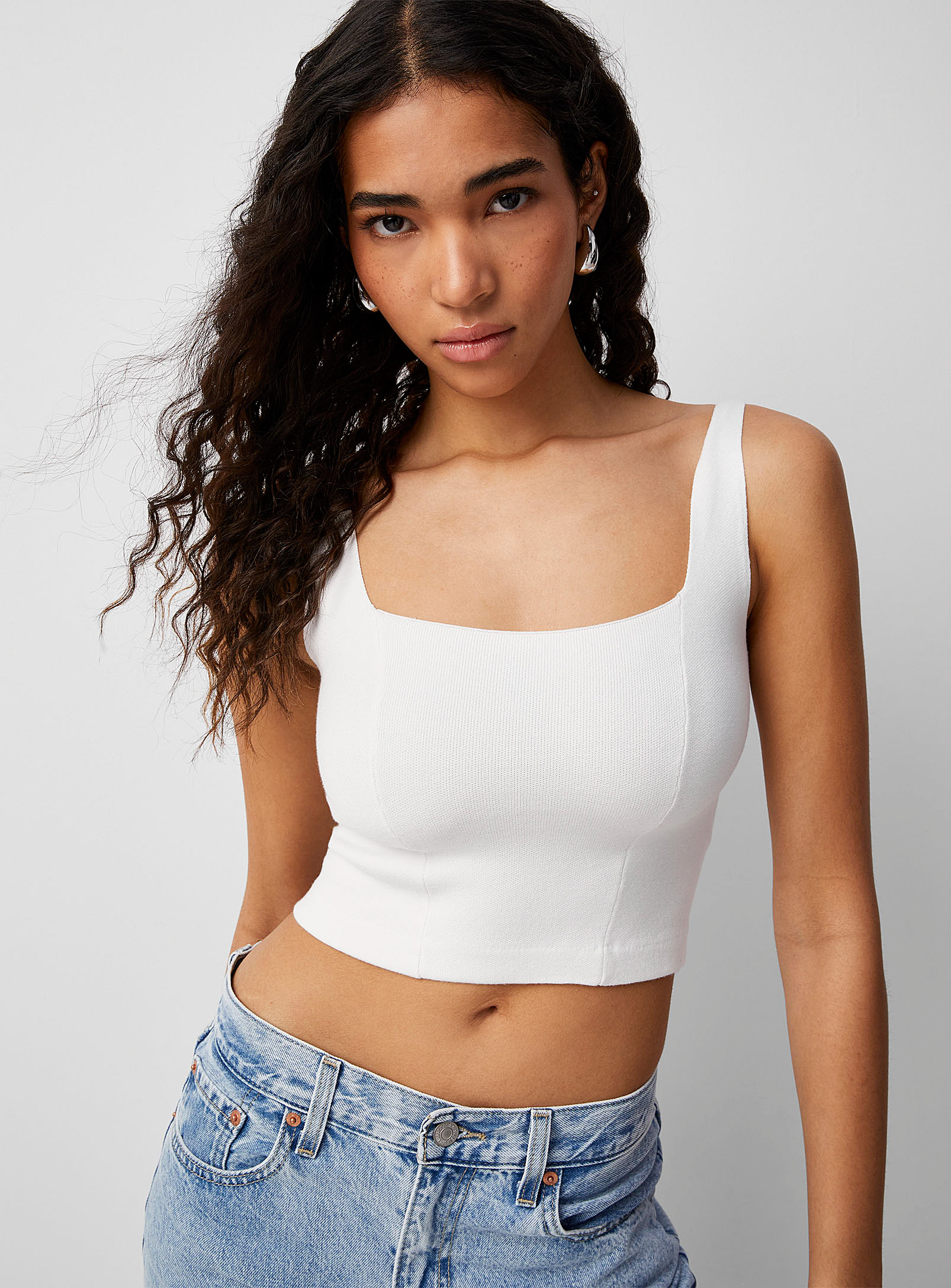 Twik Square-neck Cropped Knit Cami In White