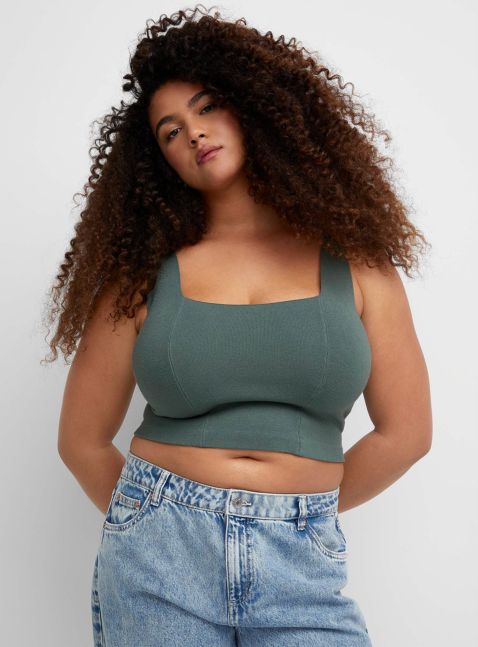 Twik Square-neck Cropped Knit Cami In Green