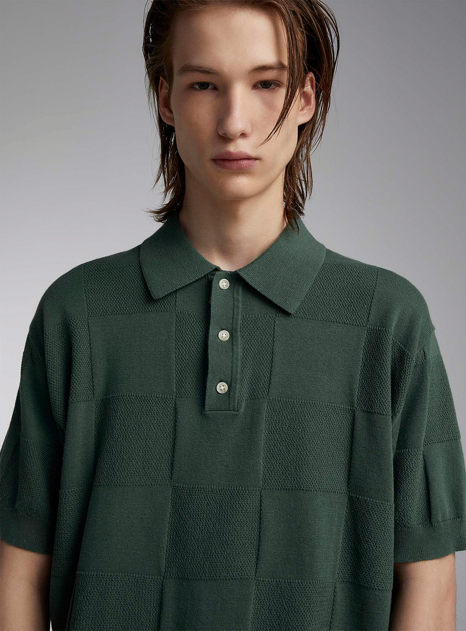 Djab Textured Checkerboard Knit Polo In Green