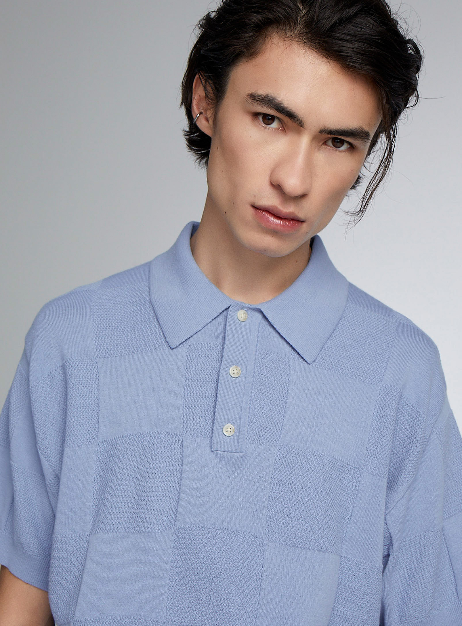 Djab Textured Checkerboard Knit Polo In Baby Blue