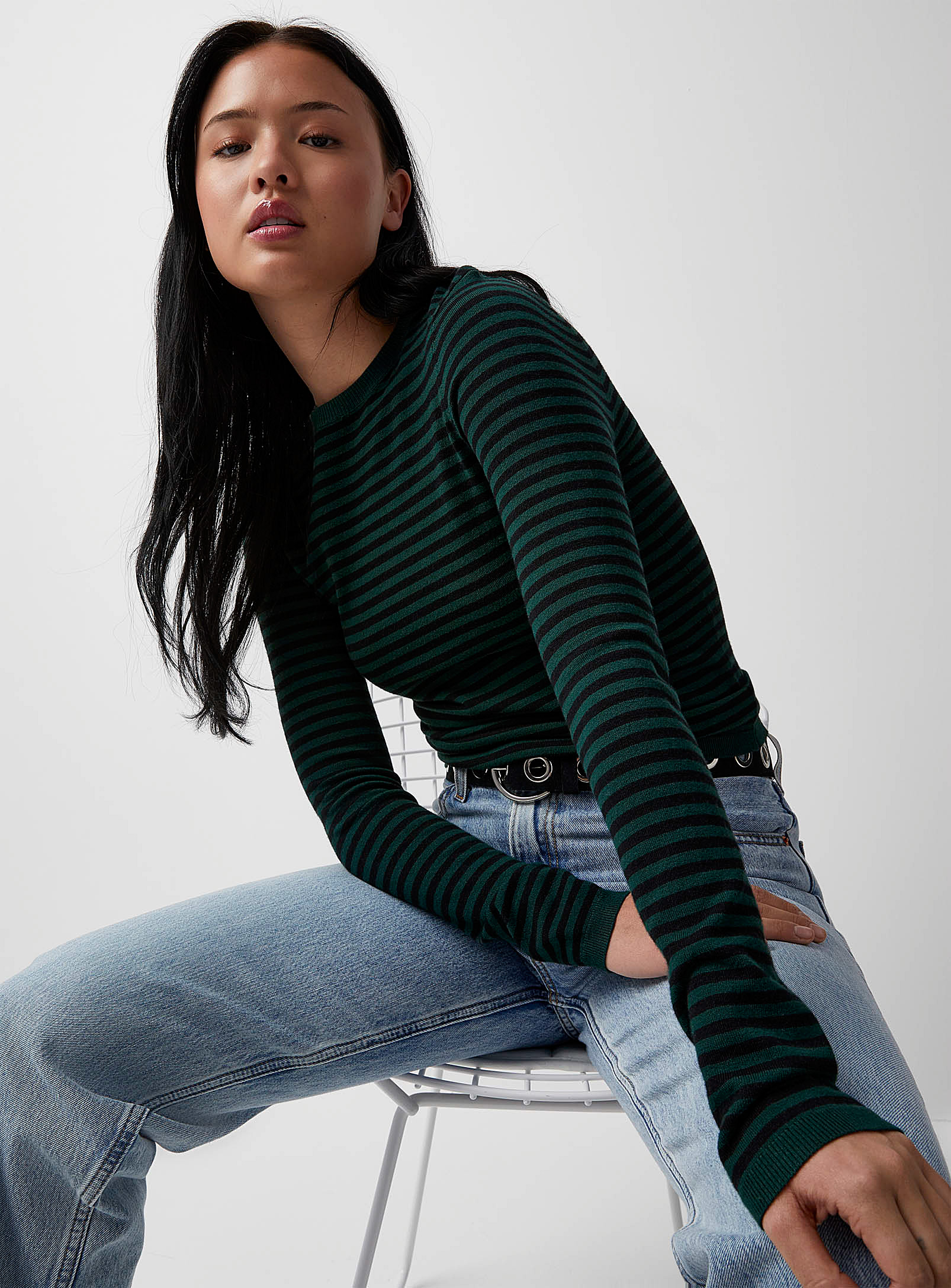 Twik Striped Fitted Sweater In Mossy Green