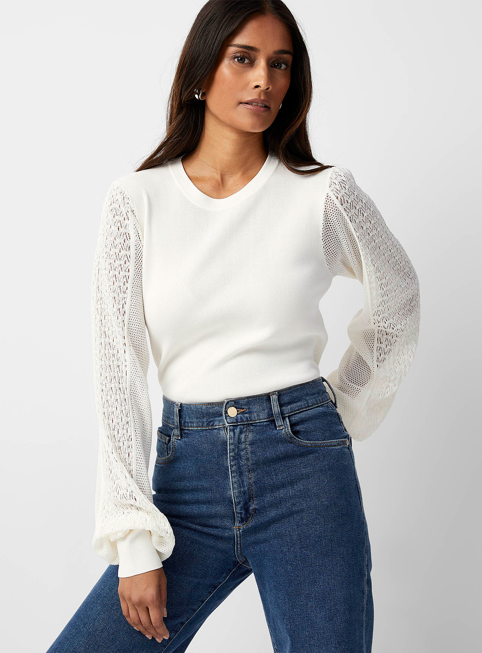 Contemporaine Openwork Sleeves Thick-knit Sweater In Ivory White