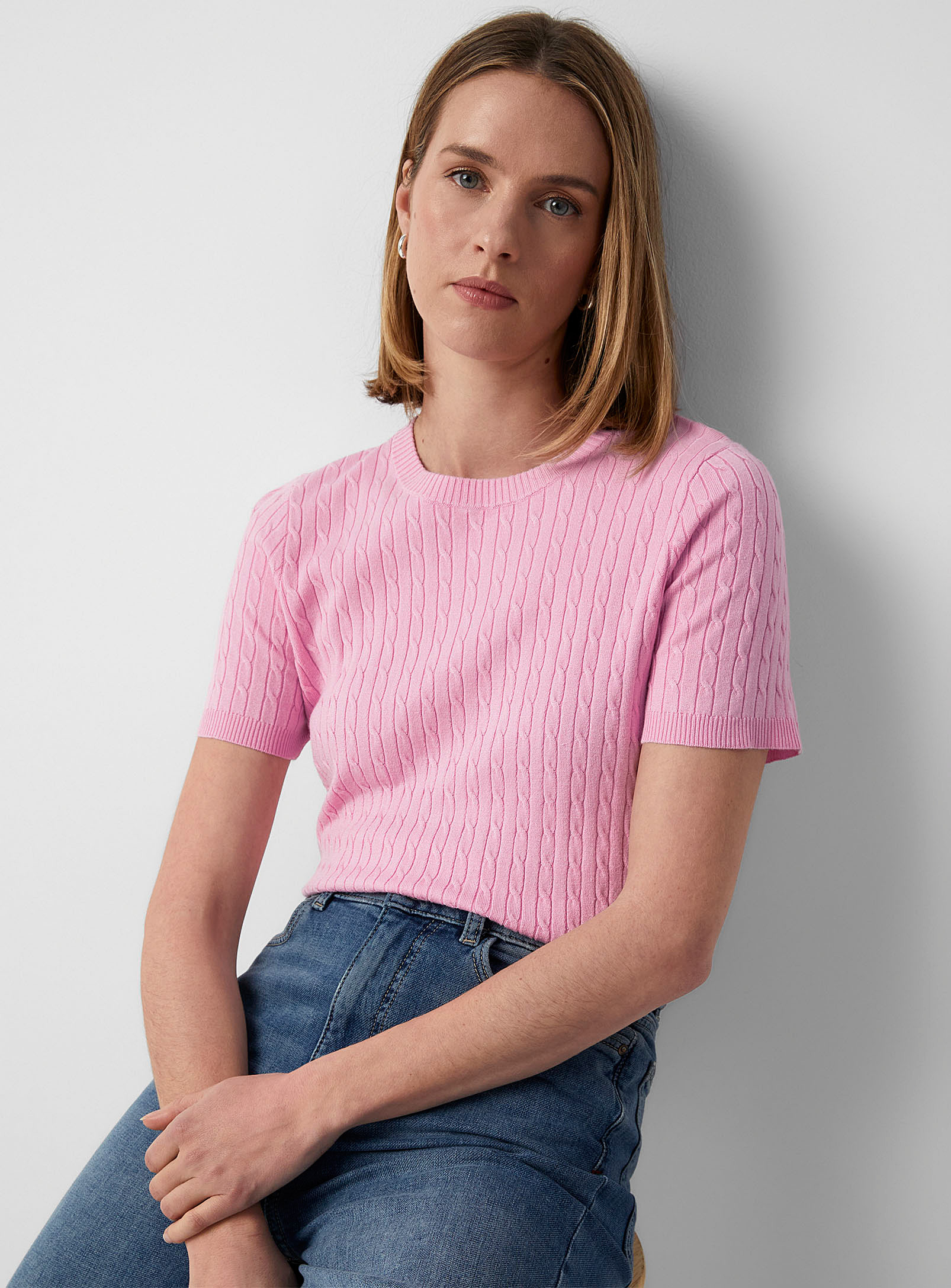Contemporaine Twisted Cable Crew-neck Sweater In Medium Pink