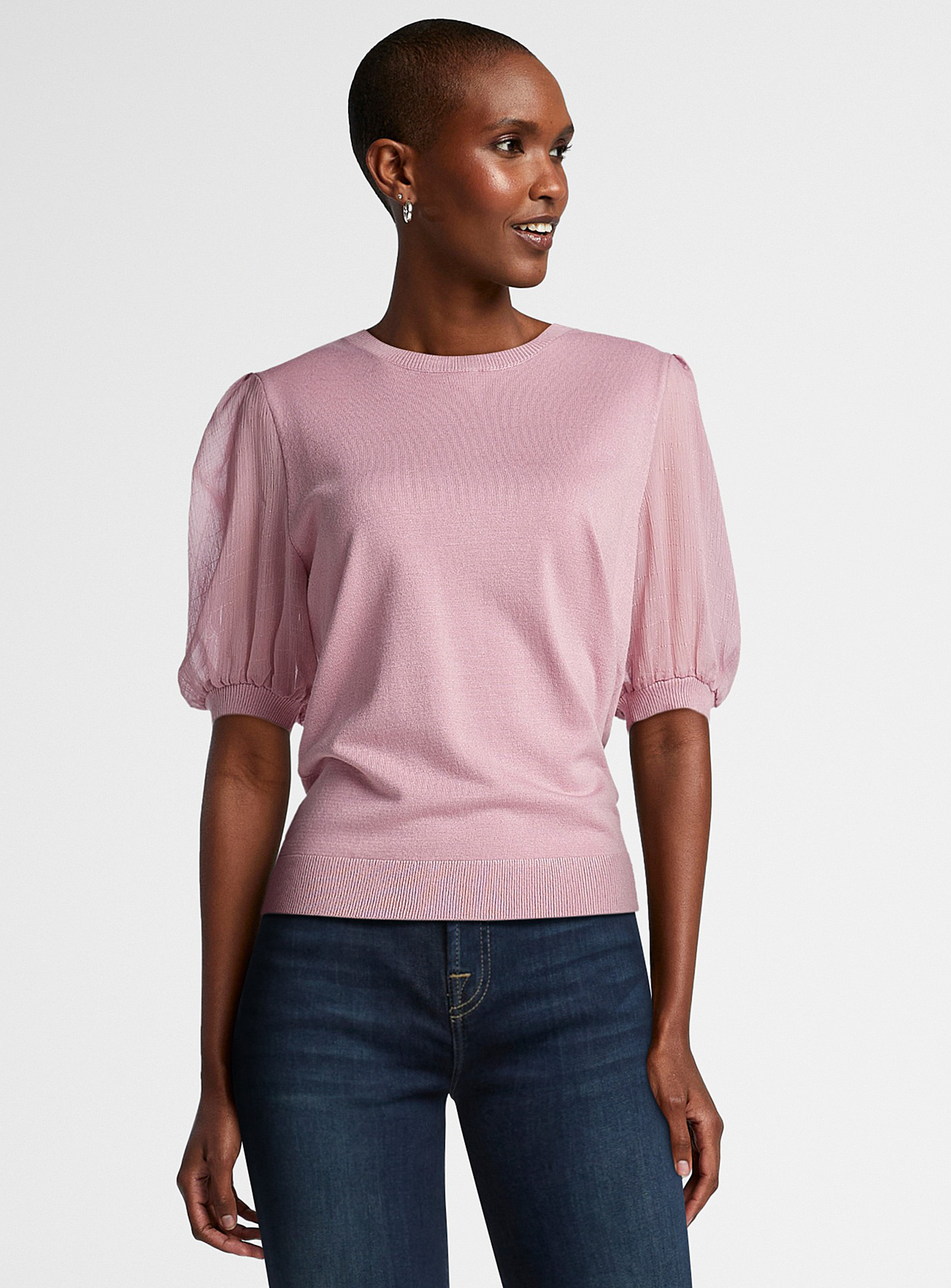 Contemporaine Organza Balloon-sleeve Sweater In Pink