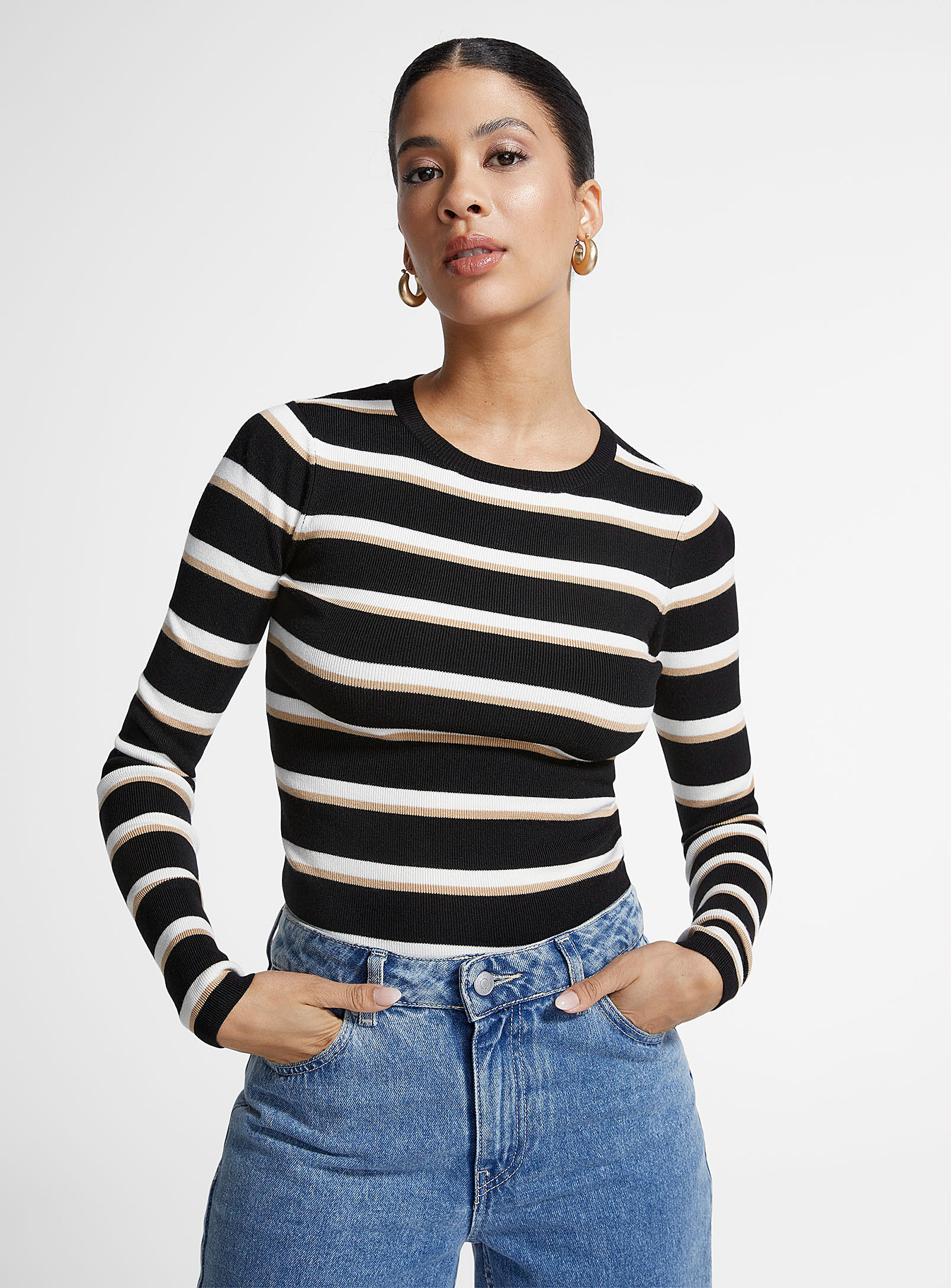 Icone Striped Fitted Sweater In Patterned Black