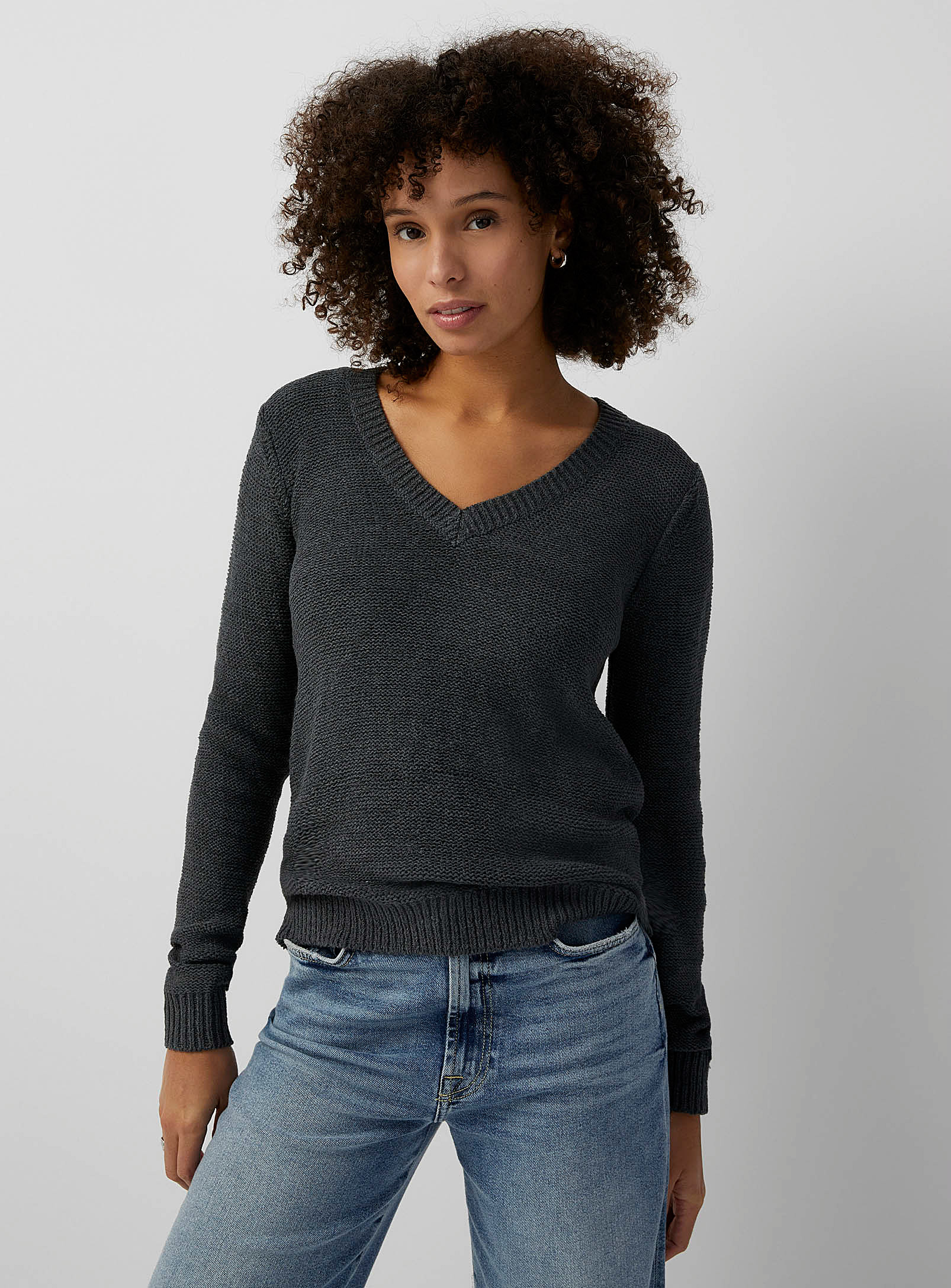 Contemporaine Ribbon Weave V-neck Sweater In Charcoal