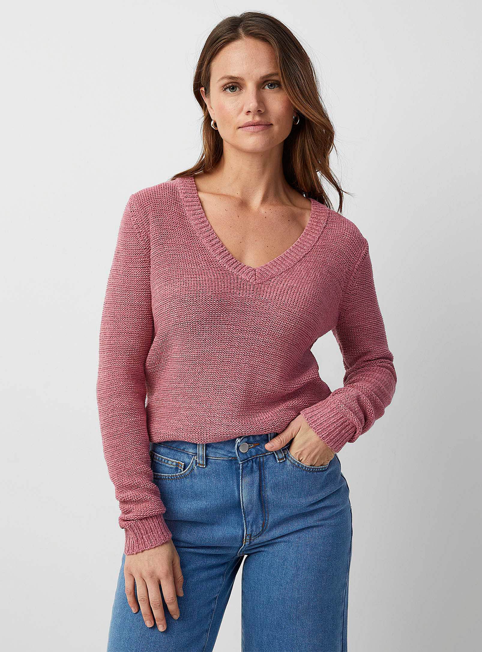 Contemporaine Ribbon Knit V-neck Sweater In Pink