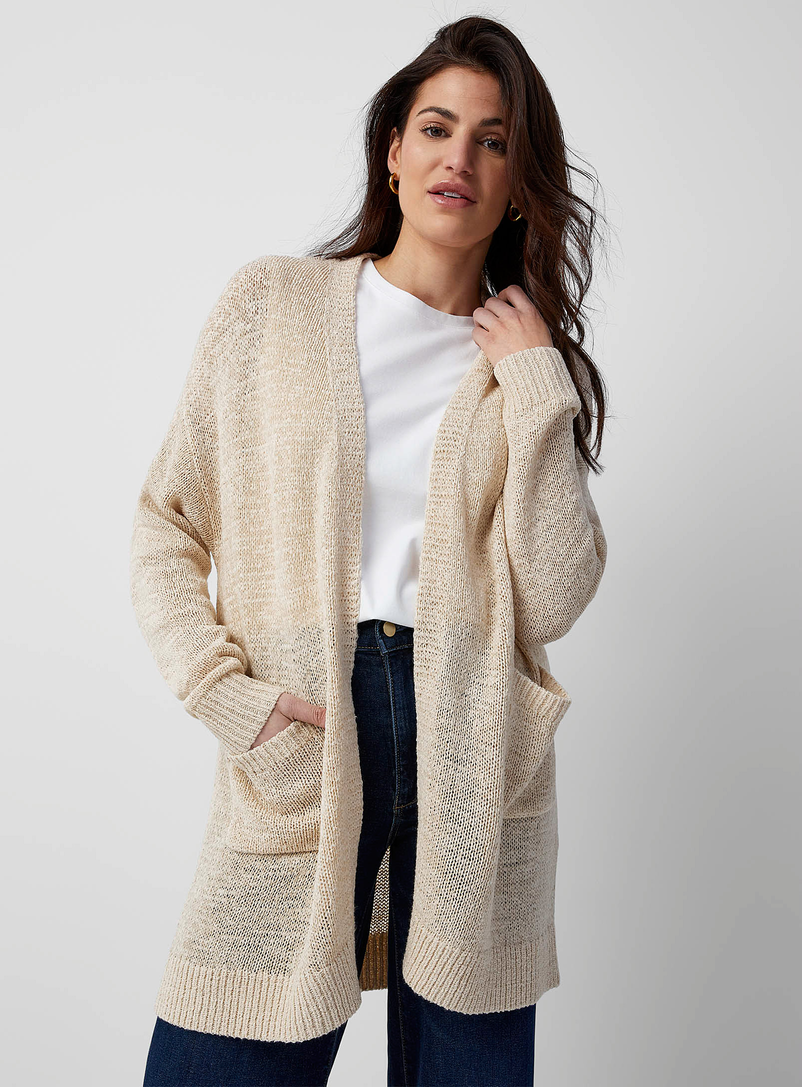 Contemporaine Long Ribbon-knit Cardigan In Sand