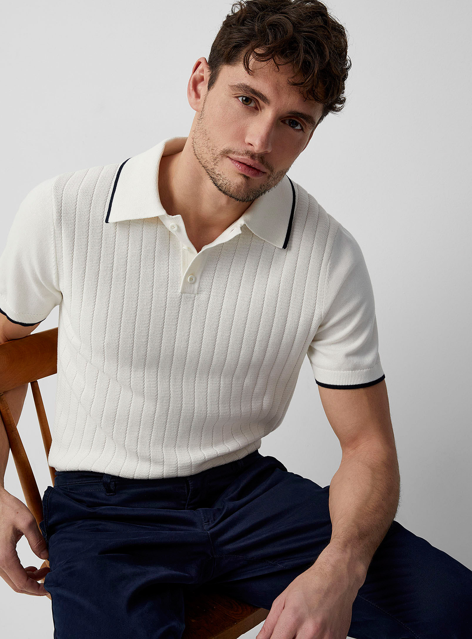 Le 31 Wide-rib Knit Polo In Patterned White