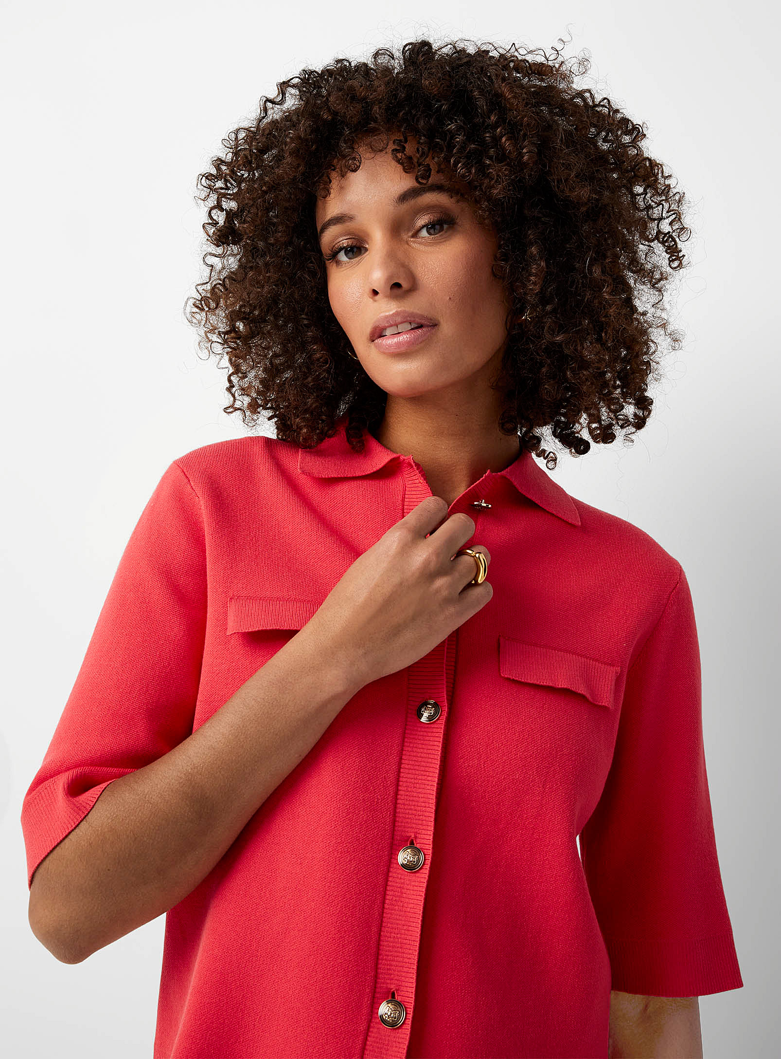 Contemporaine Crest Buttons Polo Cardigan In Coral
